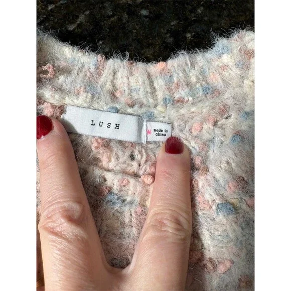 Lush Sweater Womens M Pink Ivory Pastel Speckled Crewneck Pullover Cozy - Picture 10 of 11